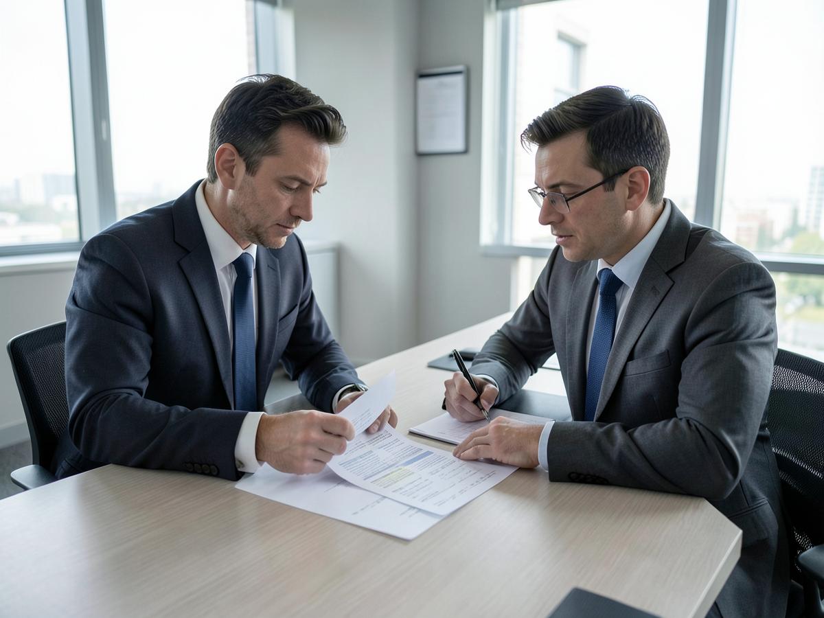 Zwei Finance-Fachkräfte besprechen Unterlagen an einem Schreibtisch