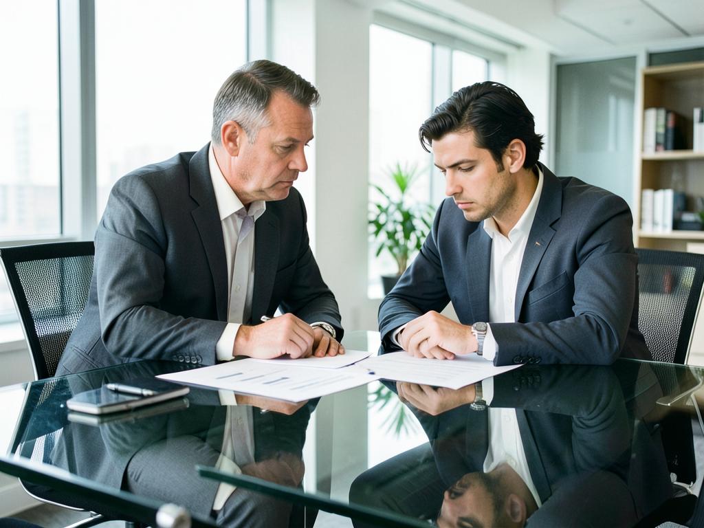 Zwei Prüfer besprechen Unterlagen an einem Besprechungstisch