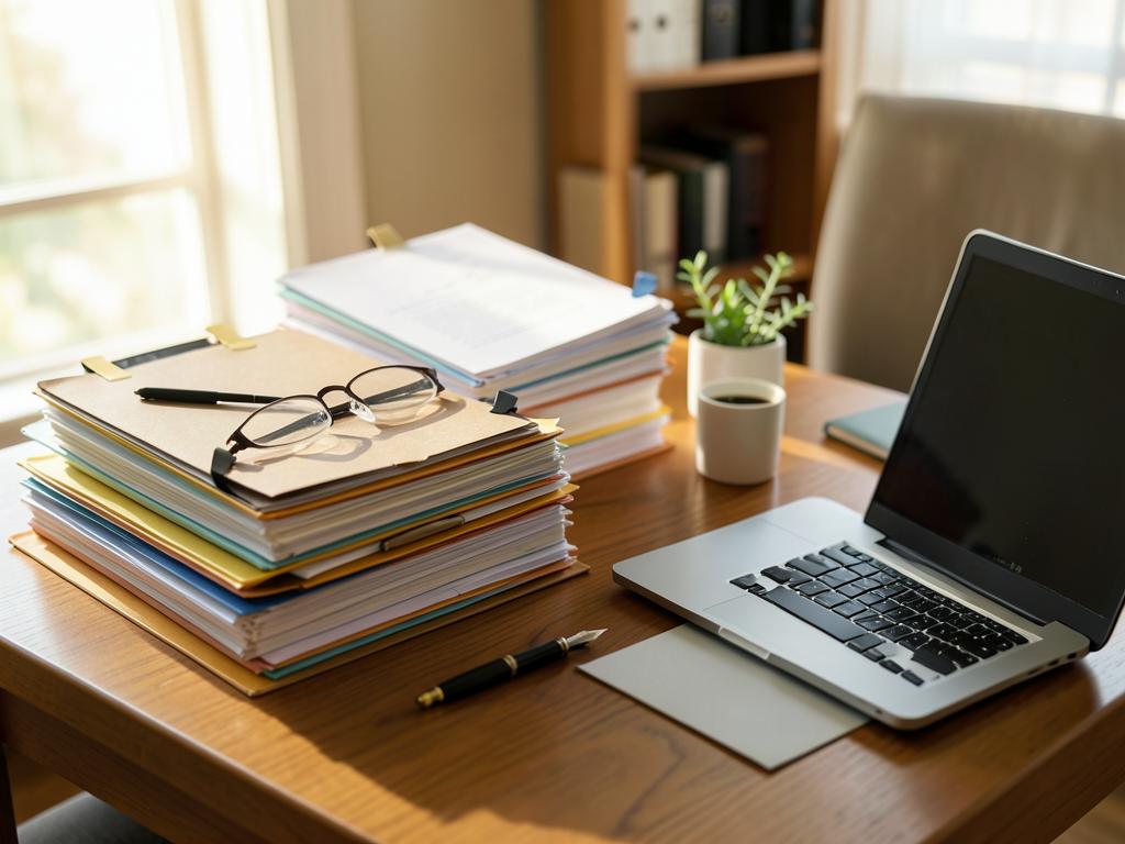 Stapel Aktenordner mit Brille und Füller auf einem Schreibtisch