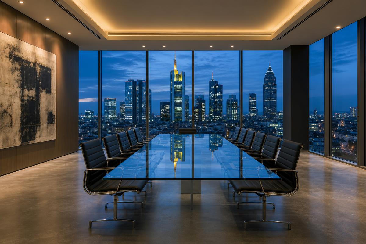 Ruhige, leere Konferenzlounge mit Blick auf die Frankfurter Skyline in der Dämmerung