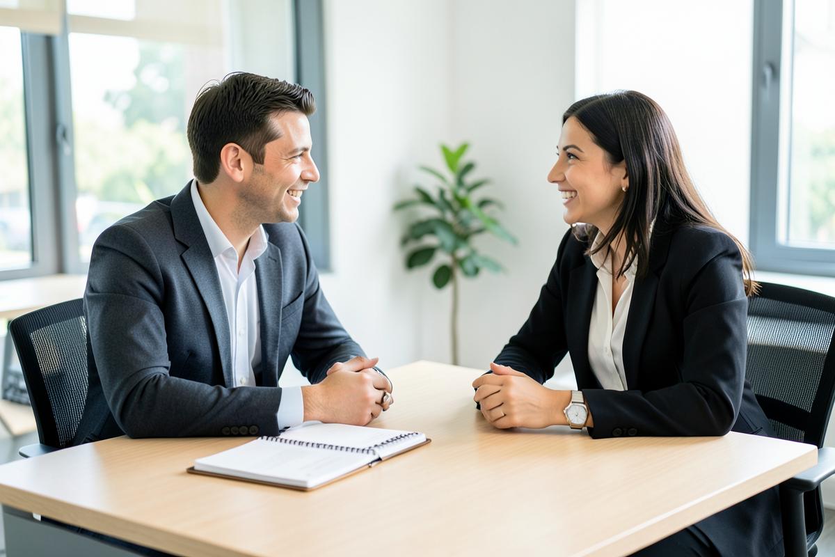 Beraterin und Kandidat im Gespräch an einem hellen Bürotisch
